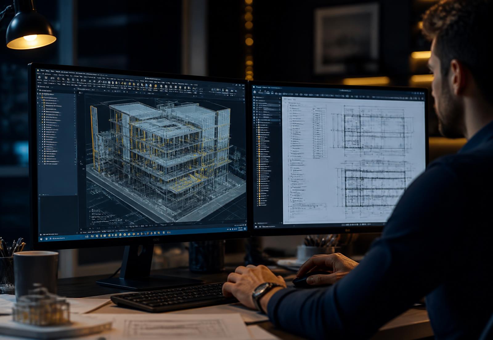 Engineer working on a 3D BIM model and technical drawings in a CAD workstation