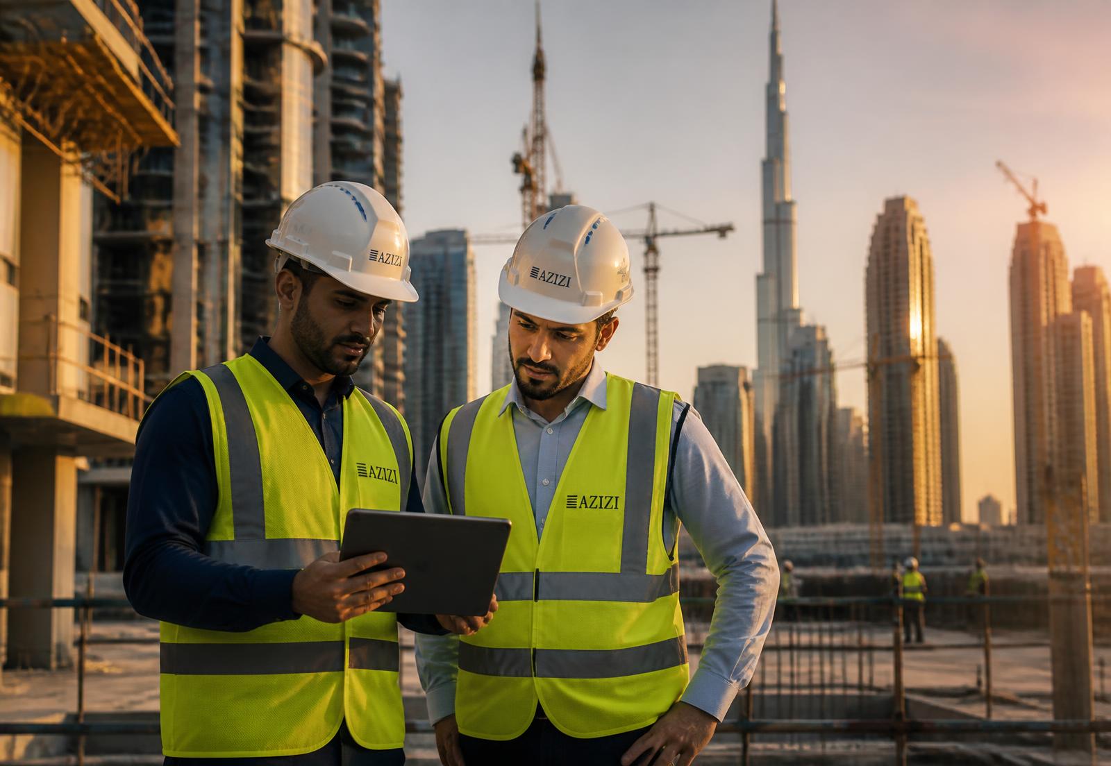 Engineers reviewing project plans on a Dubai construction site