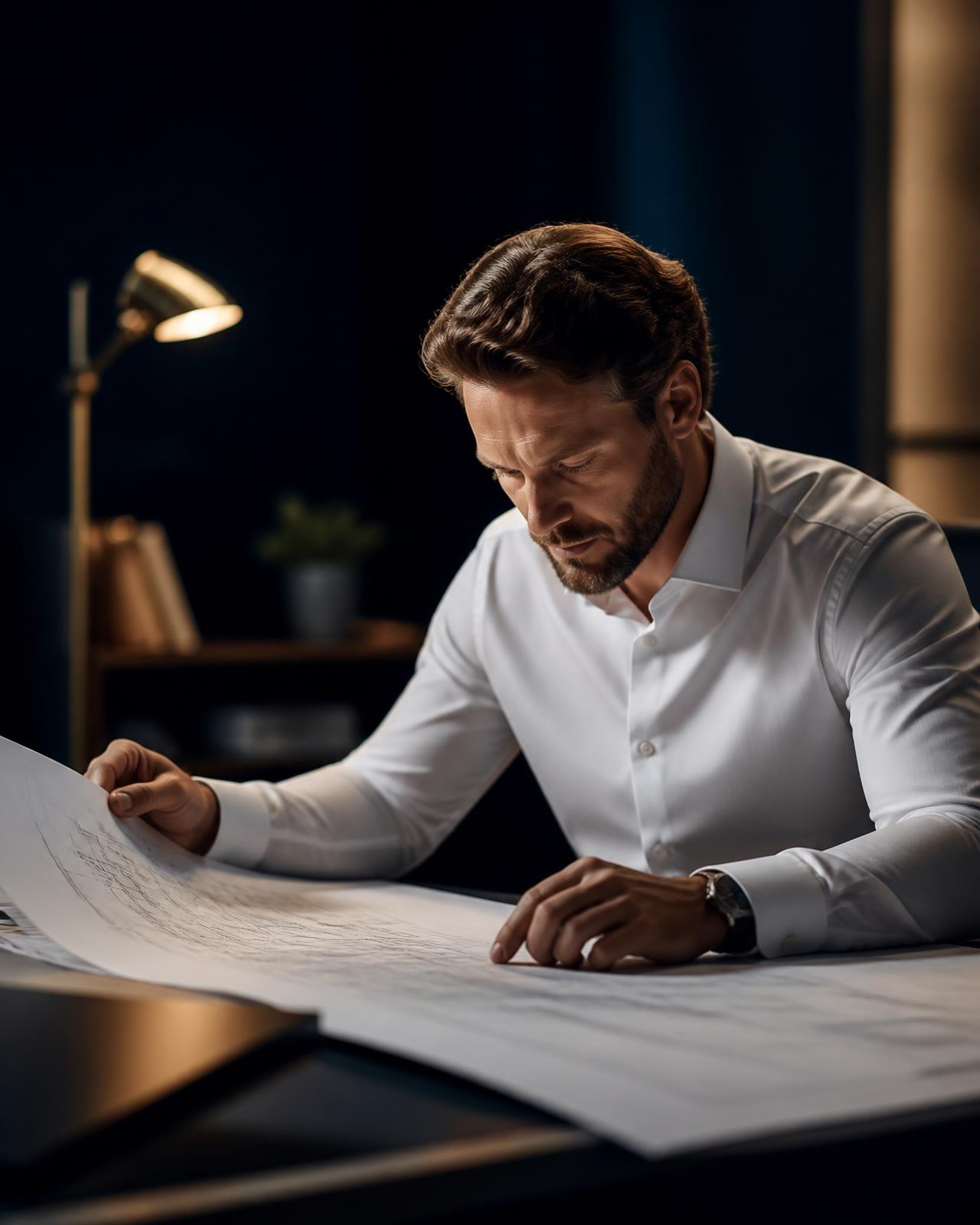 Engineer reviewing large-format architectural drawings